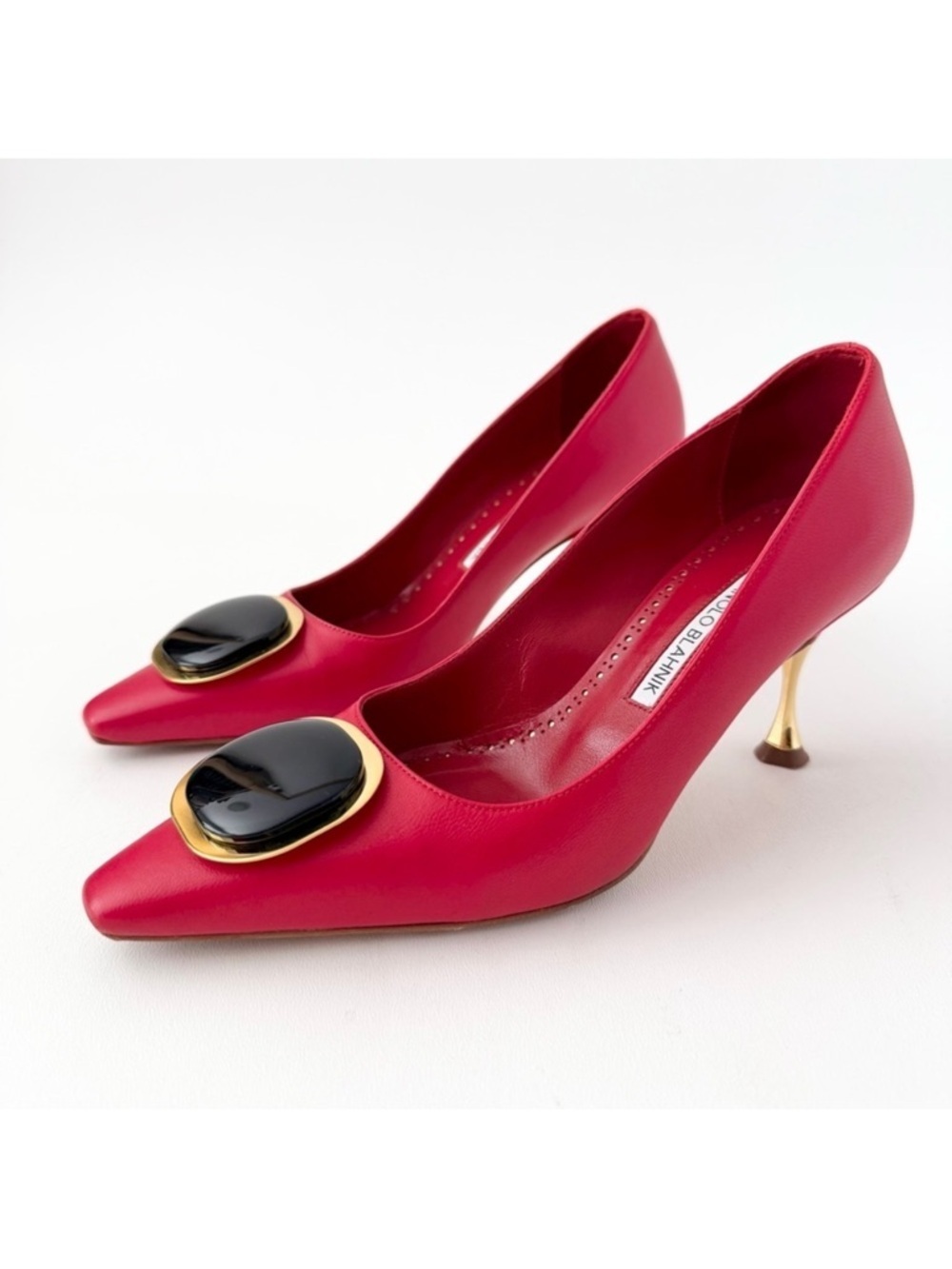MANOLO BLAHNIK | Red Chiaran Leather Pumps Gold Heel Black Stone Accent EU‎ 36